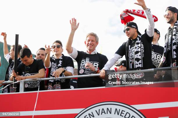 Hirving Lozano of PSV, Santiago Arias of PSV, Marcel Brands of PSV, Maximiliano Romero of PSV leaving the stadium during the champions parade during...