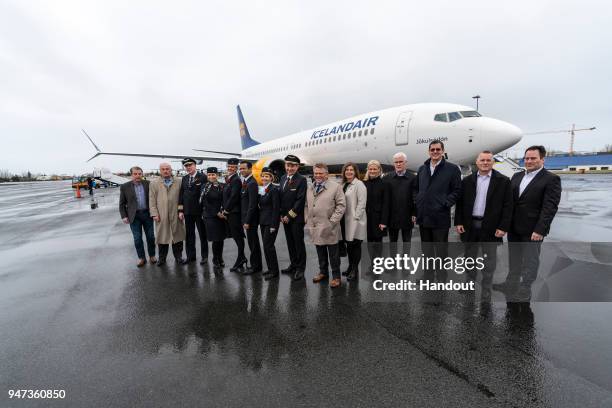 In this handout image provided by Icelandair/The Brooklyn Brothers, Icelandair President and CEO Bjorgolfur Johannsson is joined by Icelandair Group...