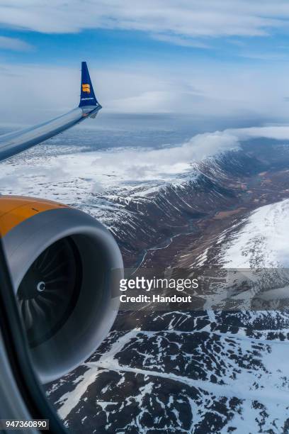 In this handout image provided by Icelandair/The Brooklyn Brothers, Celebratory flight 'Iceland by Air' takes a special route over Iceland's...