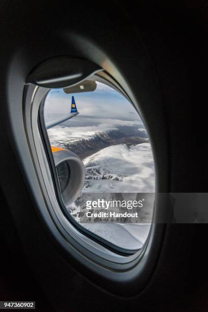 In this handout image provided by Icelandair/The Brooklyn Brothers, Celebratory flight 'Iceland by Air' takes a special route over Iceland's...