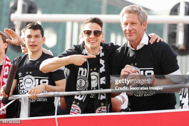 Hirving Lozano of PSV, Santiago Arias of PSV, Marcel Brands of PSV leaving the stadium during the champions parade during the PSV champions parade at...