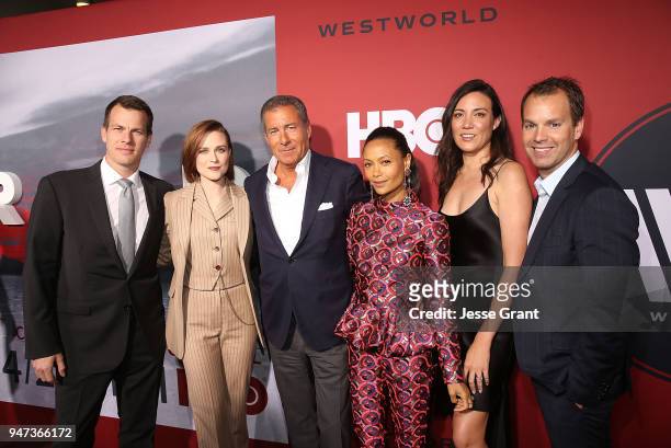 Jonathan Nolan, Evan Rachel Wood, Richard Plepler, Thandie Newton, Lisa Joy and Casey Bloys attend the Premiere of HBO's "Westworld" Season 2 at The...