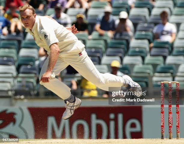 Doug Bollinger of Australia sends down a delivery during day three of the Third Test match between Australia and the West Indies at WACA on December...