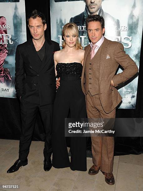 Actors Jude Law, Rachel McAdams and Robert Downey Jr. Attend the premiere of "Sherlock Holmes" at the Alice Tully Hall, Lincoln Center on December...