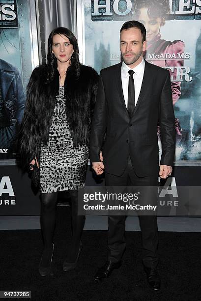 Model Michelle Hicks and actor Jonny Lee Miller attend the New York premiere of "Sherlock Holmes" at the Alice Tully Hall, Lincoln Center on December...