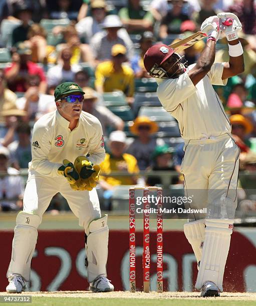 Dwayne Bravo of the West Indies lofts a shot during day three of the Third Test match between Australia and the West Indies at WACA on December 18,...