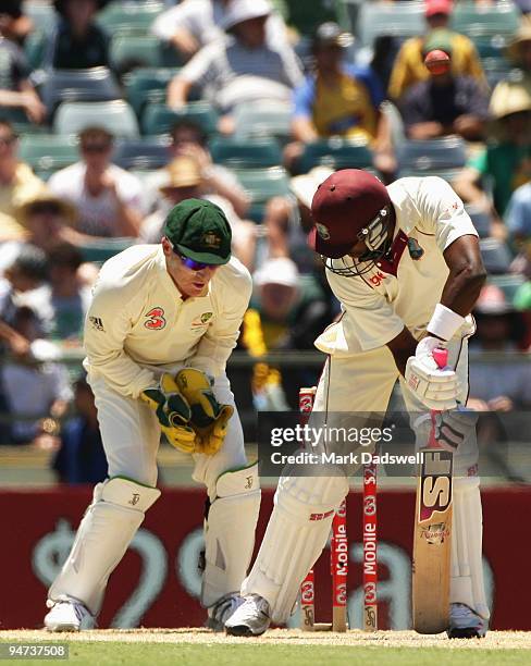 Dwayne Bravo of the West Indies is beaten by a delivery from Nathan Hauritz of Australia during day three of the Third Test match between Australia...