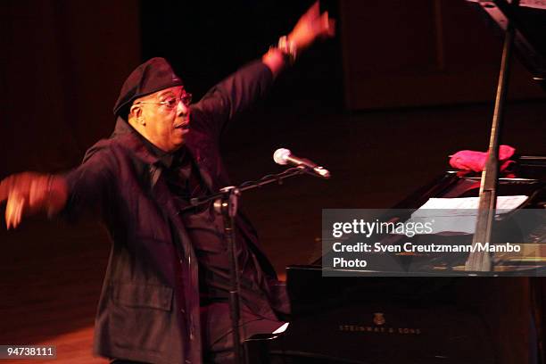 Chucho Valdes, Cuban piano player and five-time Grammy award winner, directs the musicians of his new group Afrocuban Messengers, during a concert to...