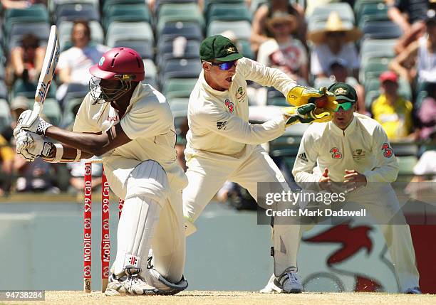 Sulieman Benn of the West Indies is caught behind by Brad Haddin of Australia off the bowling of Nathan Hauritz during day three of the Third Test...