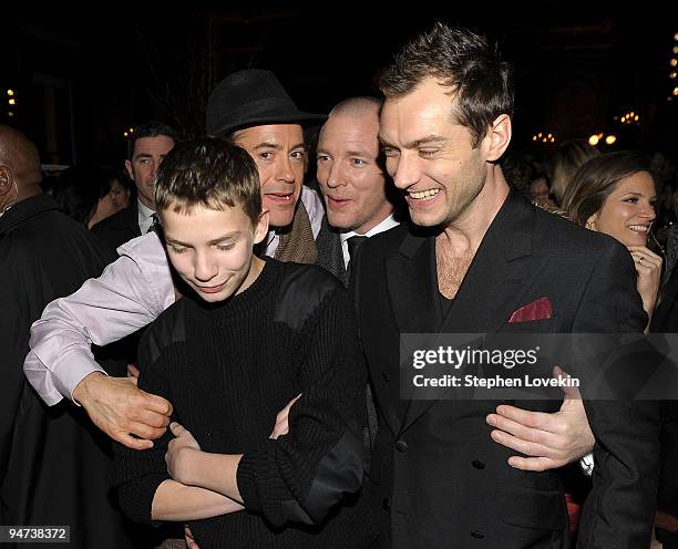 Son of Sting and Trudie Styler Giacomo Sumner, actor Robert Downey Jr., director Guy Ritchie, and actor Jude Law attend the after party for the...