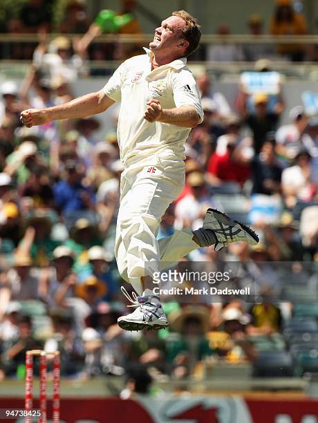 Doug Bollinger of Australia celebrates the wicket of Gavin Tonge of the West Indies during day three of the Third Test match between Australia and...