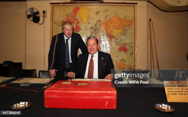 Britain's Foreign Secretary Boris Johnson meets with New Zealand's Foreign Minister Winston Peters in the Churchill Cabinet War rooms on April 17,...
