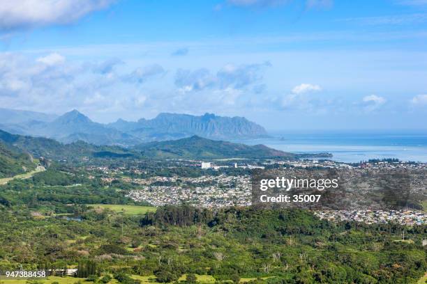 vue panoramique d’oahu du belvédère de pali, îles hawaï - tour de guet photos et images de collection