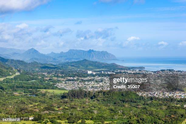 panoramic view of oahu from pali lookout, hawaii islands - kailua stock pictures, royalty-free photos & images
