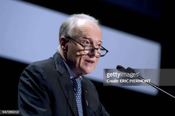 Xavier Huillard, chairperson of French construction group Vinci addresses the group's general meeting on April 17, 2018 in Paris.