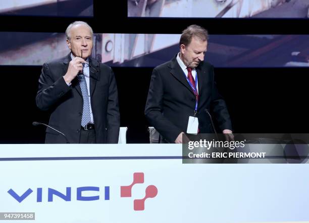 The chairman of French construction giant Vinci, Xavier Huillard and Executive Vice President and Chief Financial Officer Christian Labeyrie arrive...