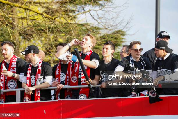 Marco van Ginkel of PSV, Luuk Koopmans of PSV, Bart Ramselaar of PSV, Luuk de Jong of PSV, Hirving Lozano of PSV, Santiago Arias of PSV leaving the...