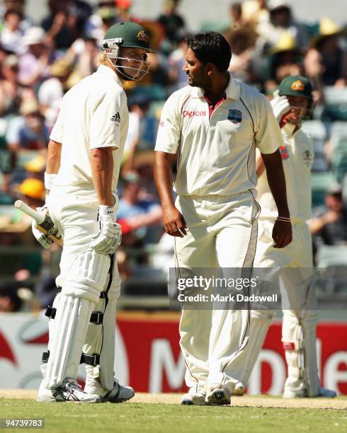 Shane Watson of Australia exchanges words with Ravi Rampaul of West Indies during day three of the Third Test match between Australia and the West...