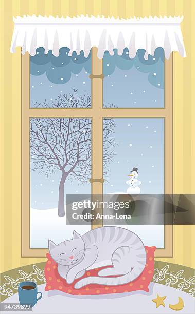 katze und winterwindow - frost scheibe stock-grafiken, -clipart, -cartoons und -symbole