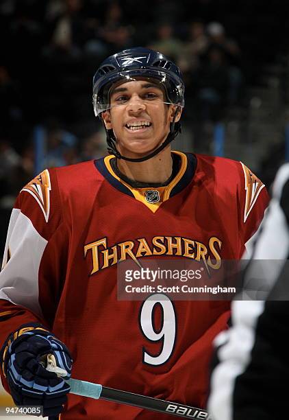 Evander Kane of the Atlanta Thrashers celebrates after the game against the Dallas Stars at Philips Arena on December 17, 2009 in Atlanta, Georgia....