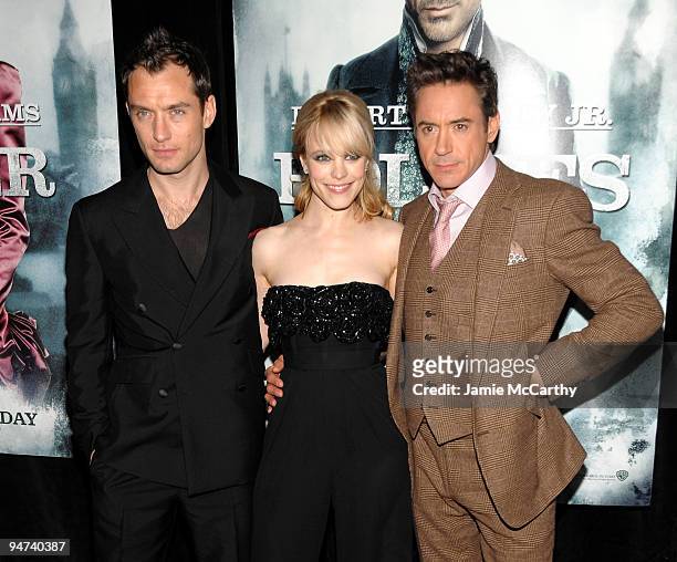 Actor Jude Law, Actress Rachel McAdams, and actor Robert Downey Jr. Attend the New York premiere of "Sherlock Holmes" at the Alice Tully Hall,...