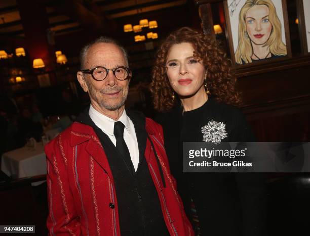 Joel Grey and Bernadette Peters pose at the 50th Anniversary Reunion of the cast of the legendary Broadway Musical "George M!" at Sardis on April 16,...