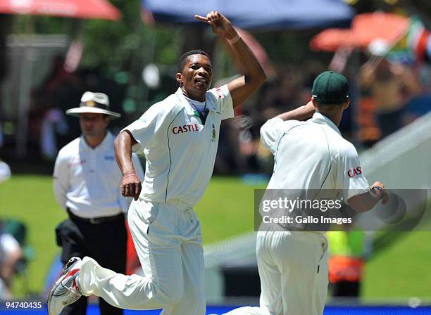 Makhaya Ntini of South Africa celebrates the wicket of Andrew Strauss of England for 46 runs during day 3 of the 1st Test match between South Africa...