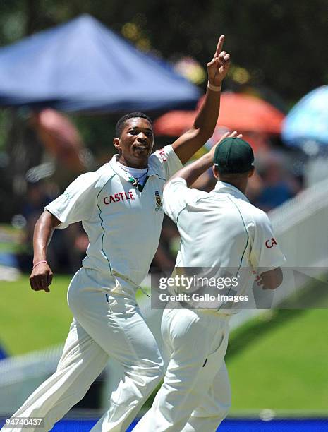 Makhaya Ntini of South Africa celebrates the wicket of Andrew Strauss of England for 46 runs during day 3 of the 1st Test match between South Africa...