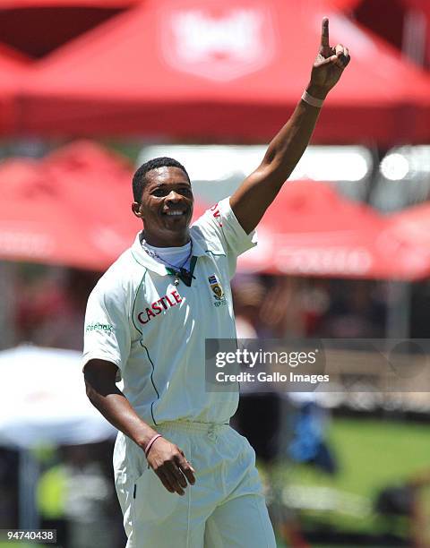 Makhaya Ntini of South Africa celebrates the wicket of Andrew Strauss of England for 46 runs during day 3 of the 1st Test match between South Africa...