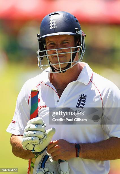 Andrew Strauss of England looks dejected as he walks off after losing his wicket to Makhaya Ntini of South Africa for 46 runs during day three of the...