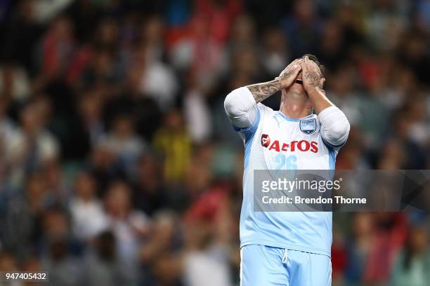 Luke Wilkshire of Sydney reacts during the AFC Champions League match between Sydney FC and Shaghai Shenhua at Sydney Football Stadium on April 17,...