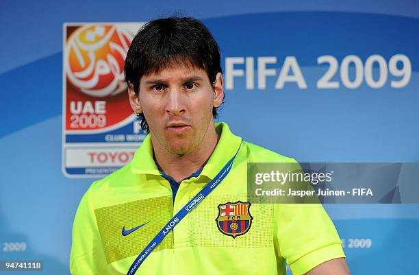 Lionel Messi of FC Barcelona arrives for a press conference at the Zayed Sports City stadium on December 18, 2009 in Abu Dhabi, United Arab Emirates....
