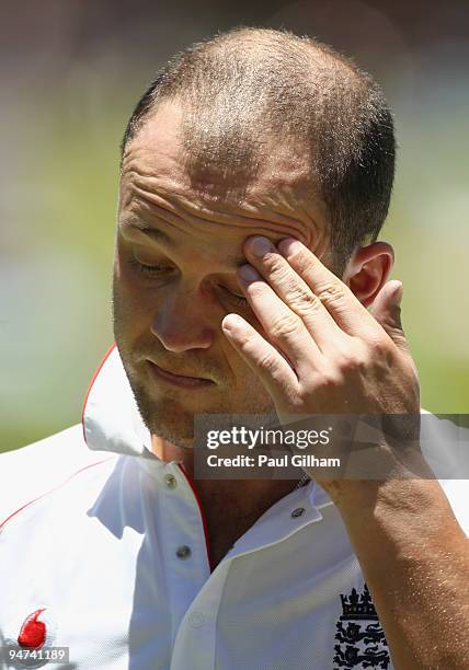 Jonathan Trott of England looks dejected as he walks off after losing his wicket to Paul Lee Harris of South Africa for 28 runs during day three of...