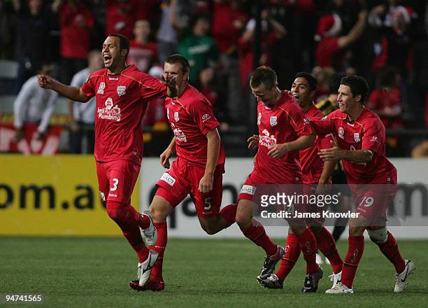 Alemao of United celebrates after kicking a goal during the round 20 A-League match between Adelaide United and the Wellington Phoenix at Hindmarsh...