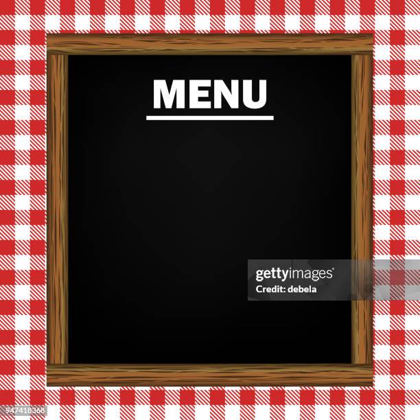 menu blackboard on gingham pattern background - menu board stock illustrations