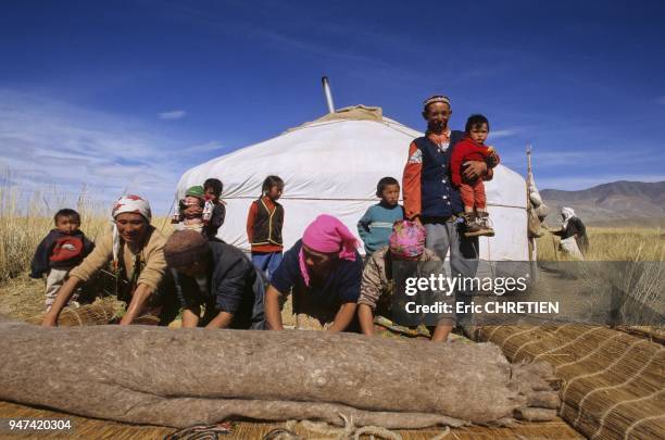 TRADITIONAL FELT MAKING FROM CAMEL WOOL, ALTAI RANGE, KHOVD PROVINCE, MONGOLIA.