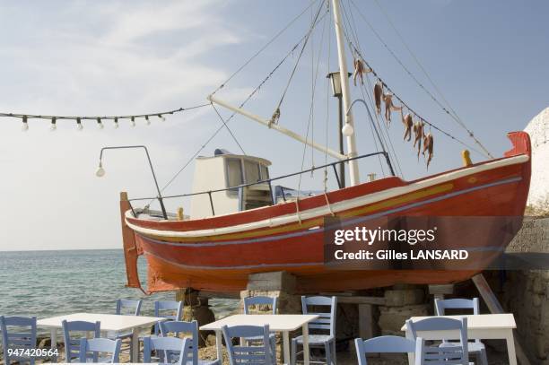 UN CHARMANT BATEAU DE BOIS PEINT DE COULEUR TRADITIONELLE SERT DE DECOR POUR UN RESTAURANT IMPLANTE AU BORD DE L'EAU. A DELIGHTFUL BOAT OF WOOD...