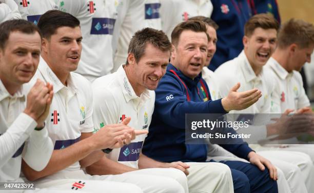 Glamorgan captain Michael Hogan and head coach Robert Croft share a joke during the 2018 Glamorgan CCC photocall at SSE Swalec Stadium on April 17,...