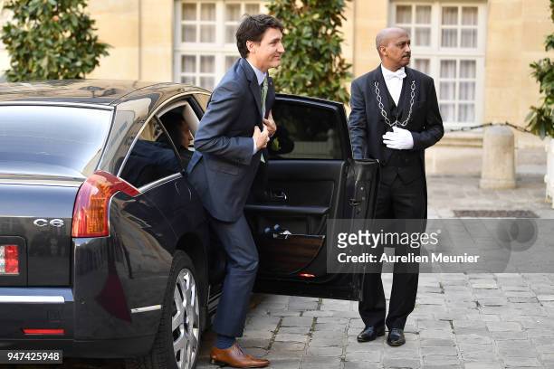 Canadian Prime Minister Justin Trudeau arrives for a meeting with French Prime Minister Edouard Philippe at Hotel de Matignon on April 17, 2018 in...