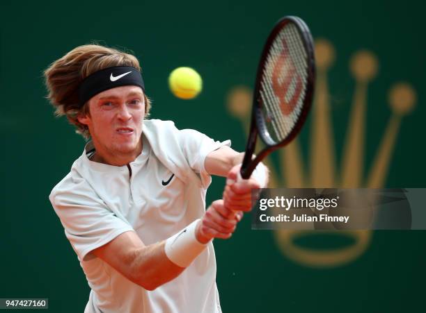 Andrey Rublev of Russia hits a backhand return during his Mens Singles match against Dominic Thiem of Austria at Monte-Carlo Sporting Club on April...