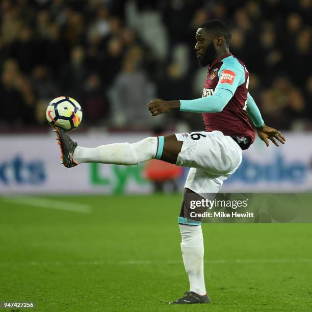 Arthur Masuaku of West Ham United controls the ball during the Premier League match between West Ham United and Stoke City at London Stadium on April...