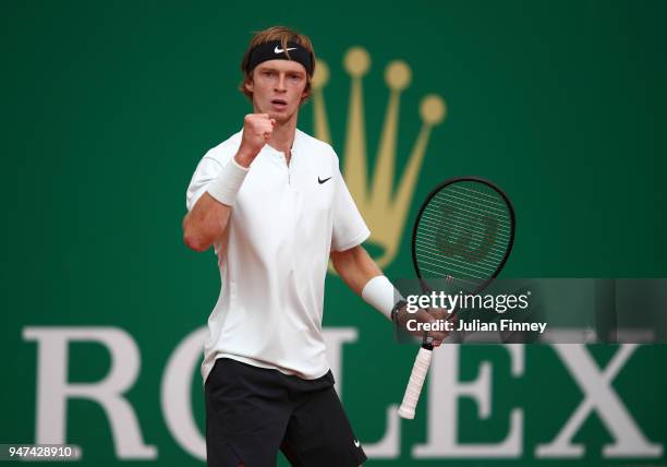 Andrey Rublev of Russia celebrates during his Mens Singles match against Dominic Thiem of Austria at Monte-Carlo Sporting Club on April 17, 2018 in...