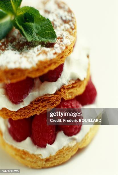 Raspberry millefeuille with whipped cream. Design: Thierry Chevalier. Millefeuille aux framboises et à la chantilly. Stylisme: Thierry Chevalier.