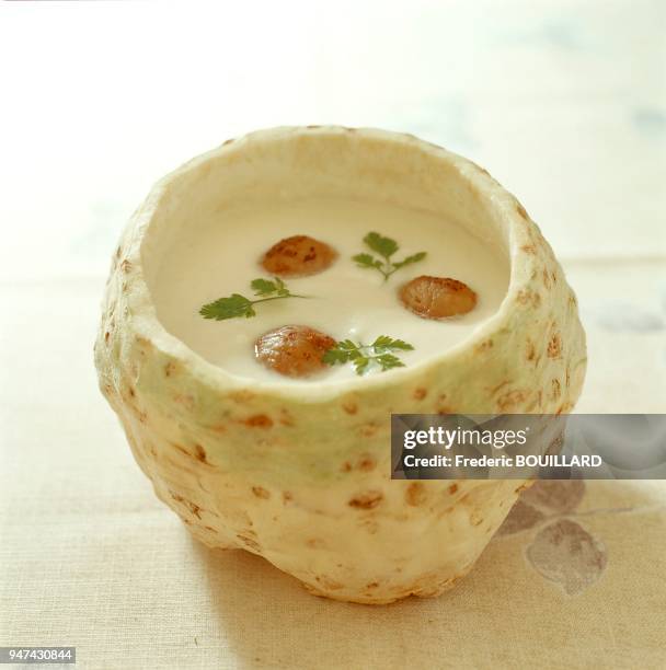 Cream of celery soup with chestnuts. Velouté de céleri aux châtaignes.