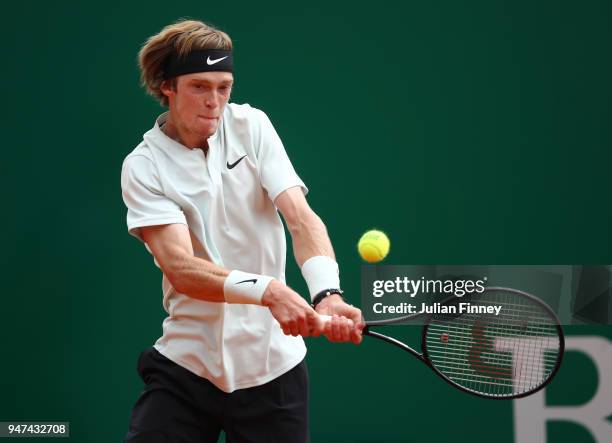 Andrey Rublev of Russia hits a backhand return during his Mens Singles match against Dominic Thiem of Austria at Monte-Carlo Sporting Club on April...