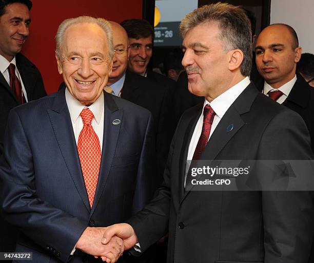 In this handout image supplied by the Israeli Government Press Office , Israeli President Shimon Peres meets with Turkish President Abdullah Gul at...