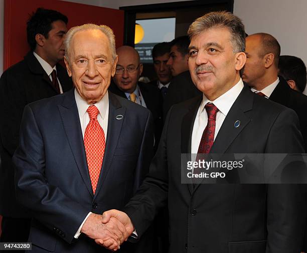 In this handout image supplied by the Israeli Government Press Office , Israeli President Shimon Peres meets with Turkish President Abdullah Gul at...