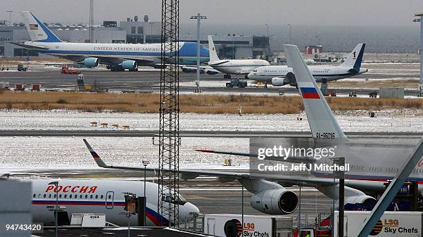 Air Force One along sits on the tarmac along with other aircraft waiting to return World leaders home, after their attendance at the UN Climate...