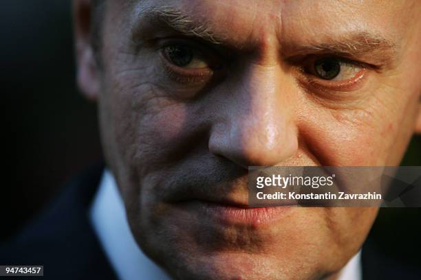 Poland's Prime Minister Donald Tusk meets with jounalists after the morning session of United Nations Climate Change Conference December 18, 2009 in...