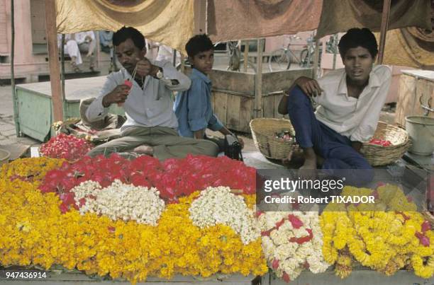 Rajasthan, flower vendor at the entrance to the Jain Temple in Ranakpur. Inde: Rajasthan, fleuriste à l'entrée duTemple Jain de Ranakpur.